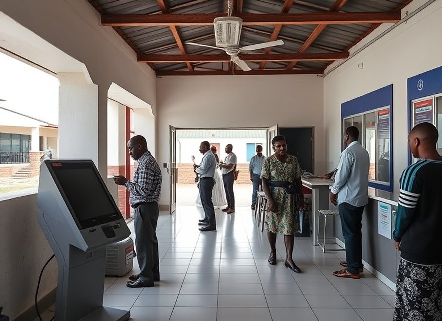 Before — Terminal out of service at peak hours: the wait moves to the teller desk.